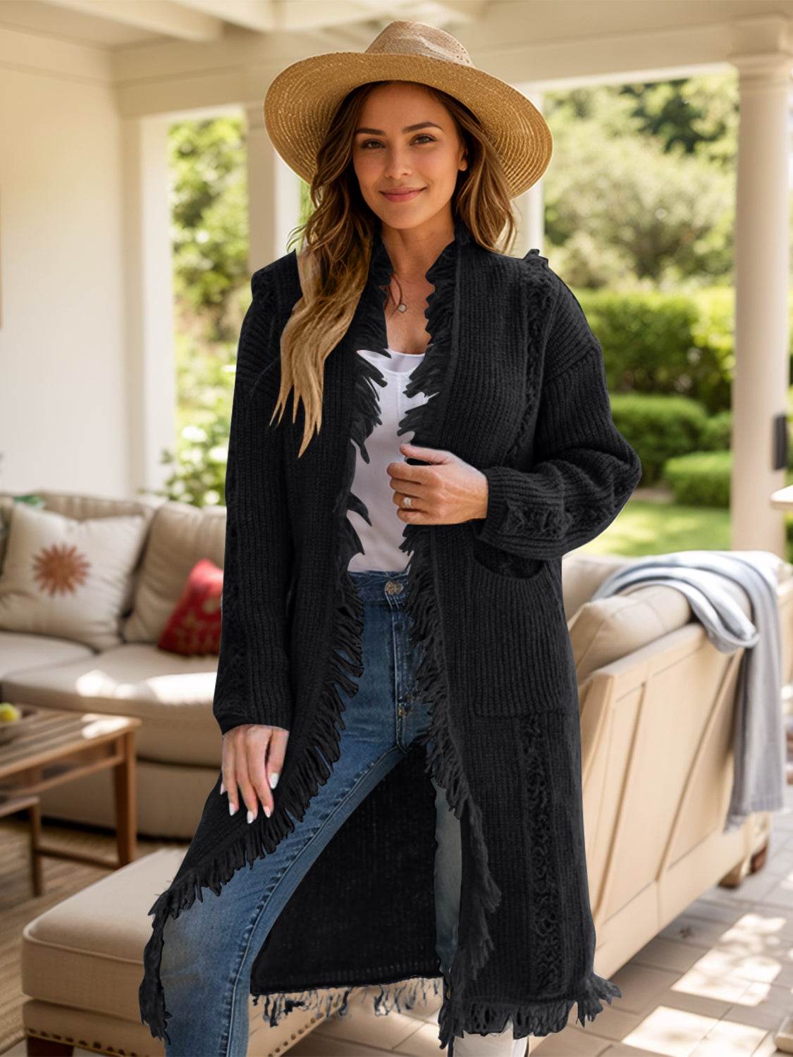 Fringe Open Front Long Sleeve Cardigan - Delanoir
