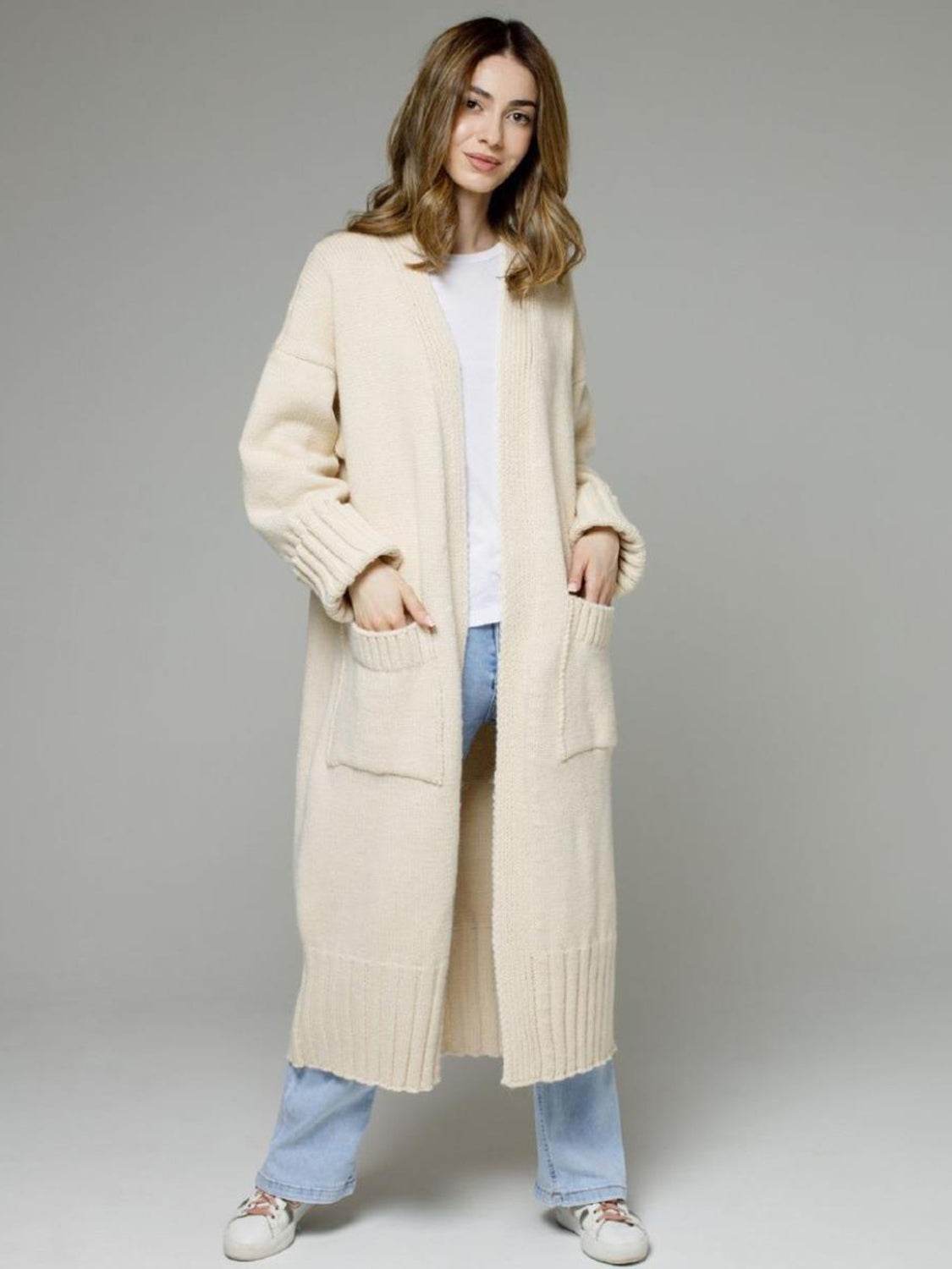 Pocketed Open Front Dropped Shoulder Cardigan - Delanoir