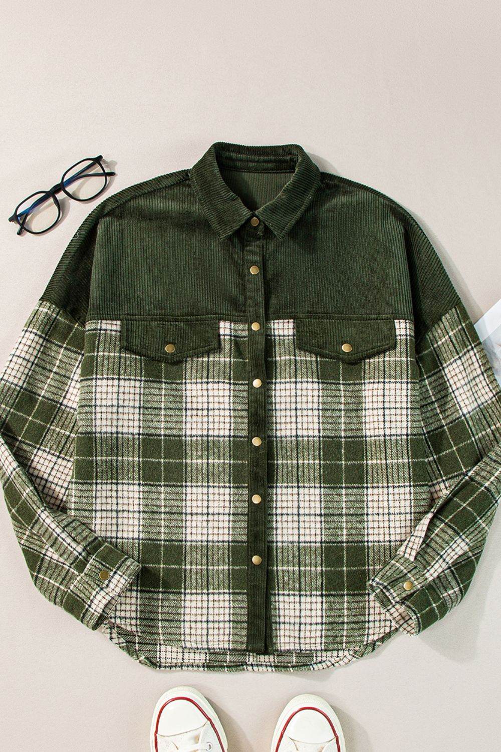 Snap Down Collared Neck Plaid Shacket - Delanoir