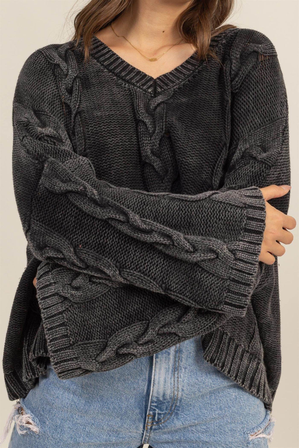 HYFVE Cable Knit V-Neck Dropped Shoulder Oversized Sweater - Delanoir