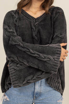HYFVE Cable Knit V-Neck Dropped Shoulder Oversized Sweater - Delanoir