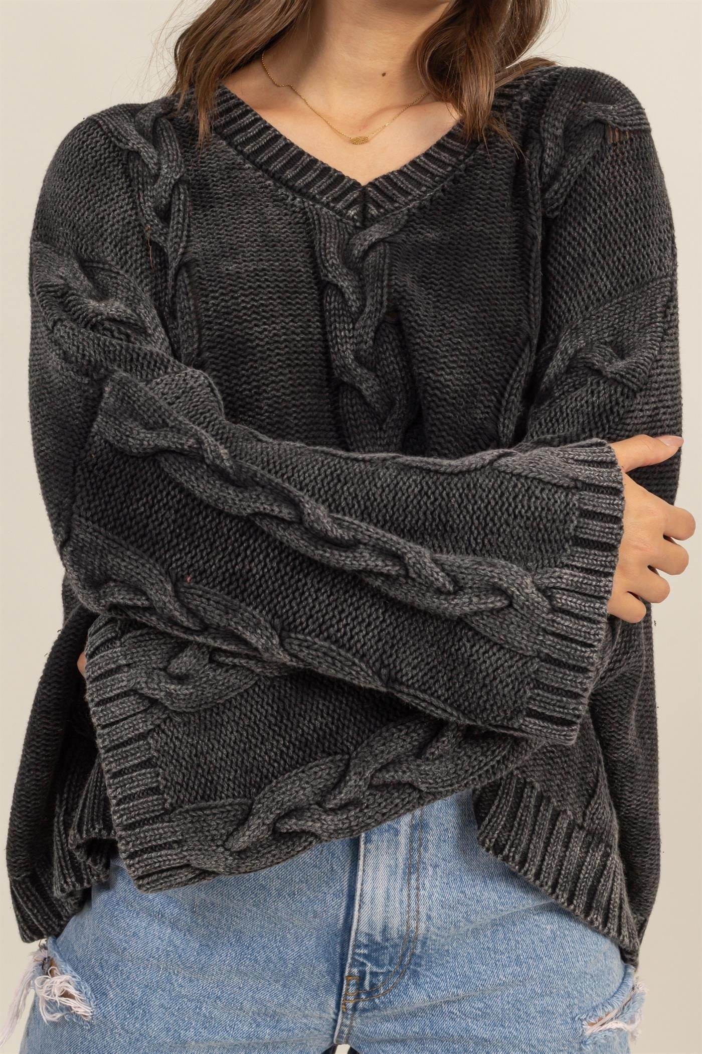 HYFVE Cable Knit V-Neck Dropped Shoulder Oversized Sweater - Delanoir
