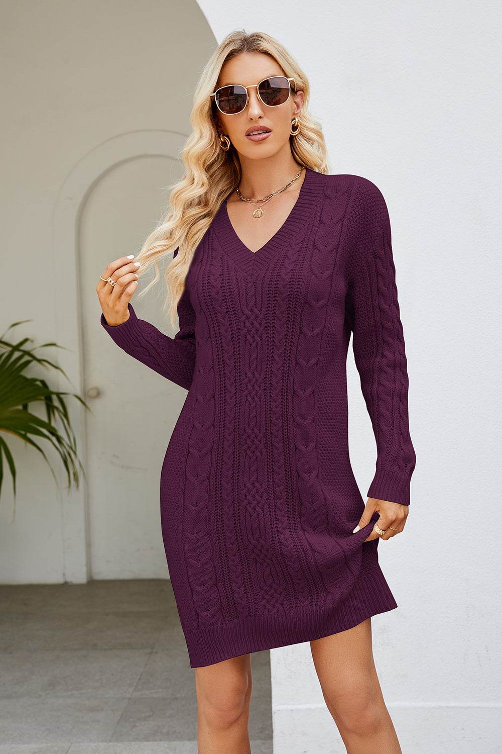 Cable-Knit Long Sleeve Sweater Dress - Delanoir