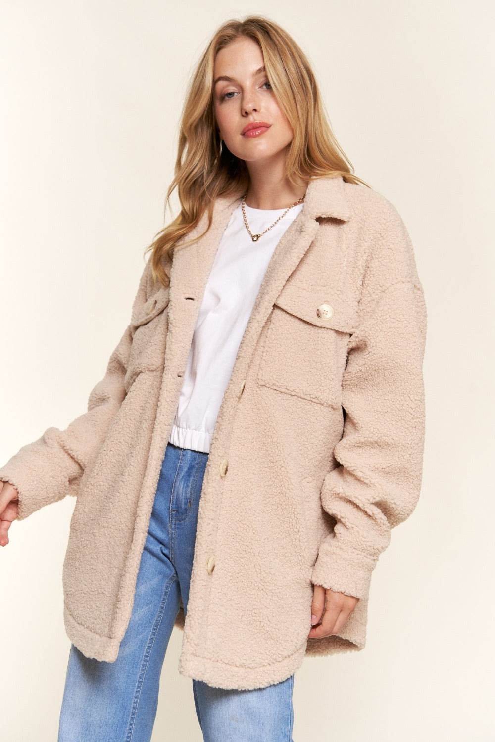 And The Why Teddy Sherpa Button Down Curved Hem Shacket - Delanoir
