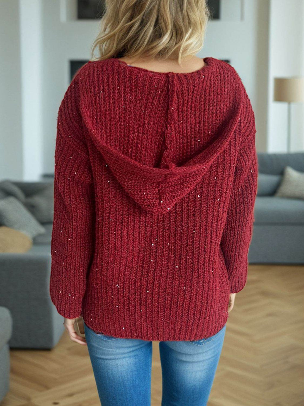 Sequin Detail Long Sleeve Hooded Cardigan - Delanoir