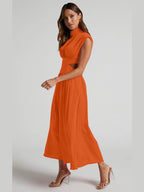 Cutout Mock Neck Sleeveless Ruched Dress - Delanoir