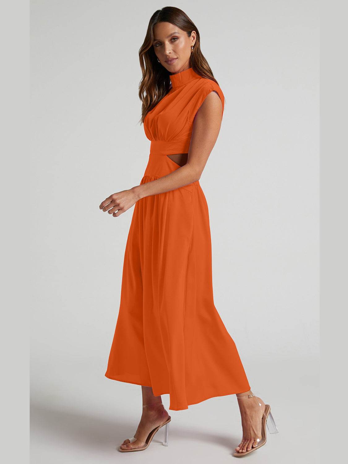 Cutout Mock Neck Sleeveless Ruched Dress - Delanoir