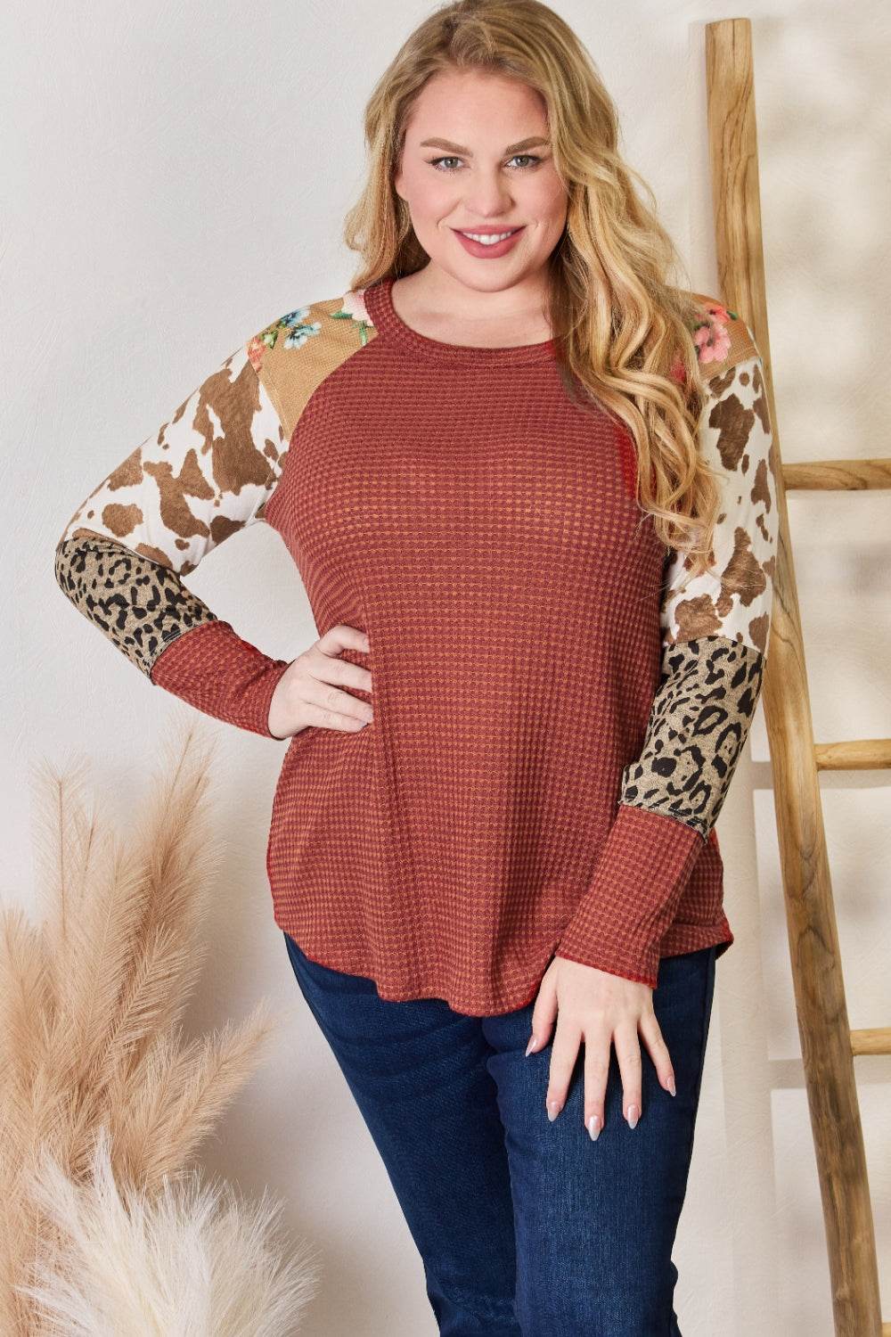 Hailey & Co Full Size Leopard Waffle-Knit Blouse - Delanoir