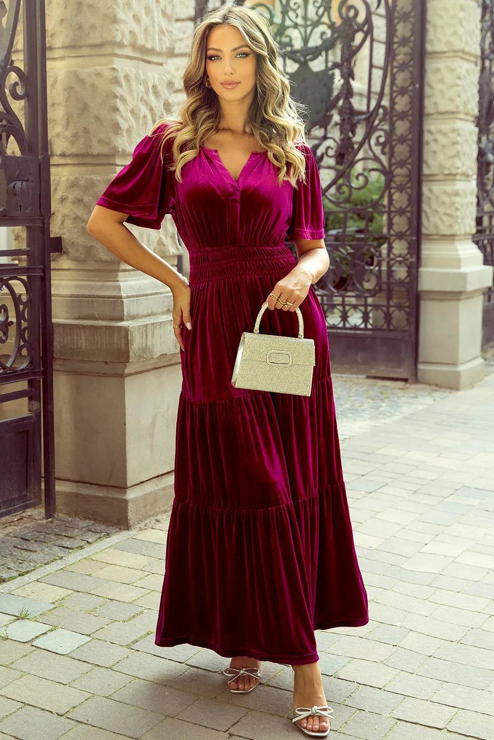 Tiered Notched Short Sleeve Dress with Pockets - Delanoir