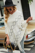 Pearl Trim V-Neck Fringe Hem Poncho - Delanoir