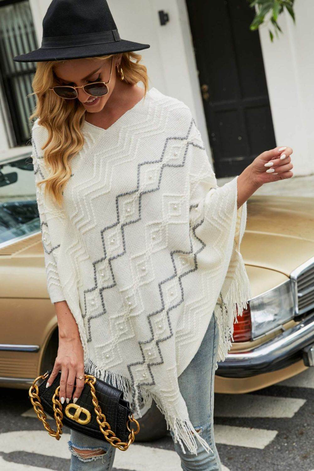 Pearl Trim V-Neck Fringe Hem Poncho - Delanoir