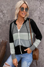 Zip-Up Raglan Sleeve Openwork Hooded Cardigan - Delanoir