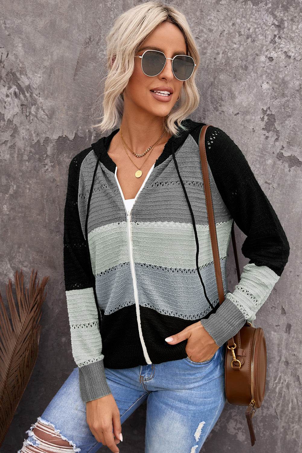 Zip-Up Raglan Sleeve Openwork Hooded Cardigan - Delanoir