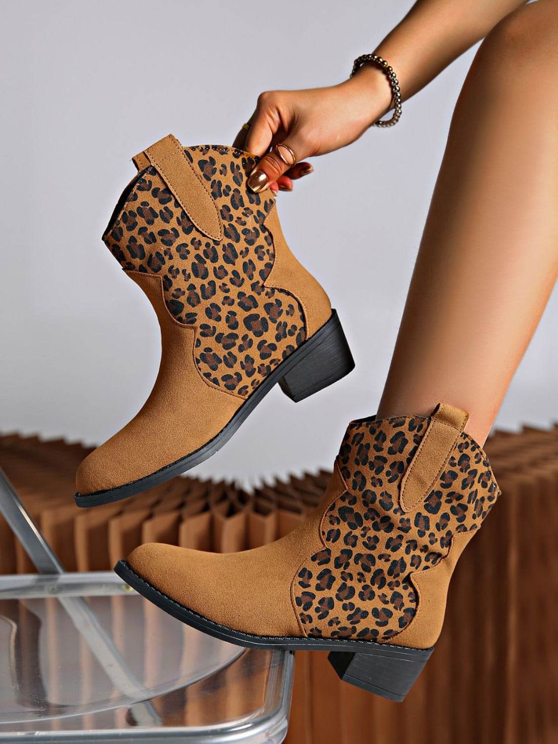 Leopard Suede Block Heel Boots - Delanoir