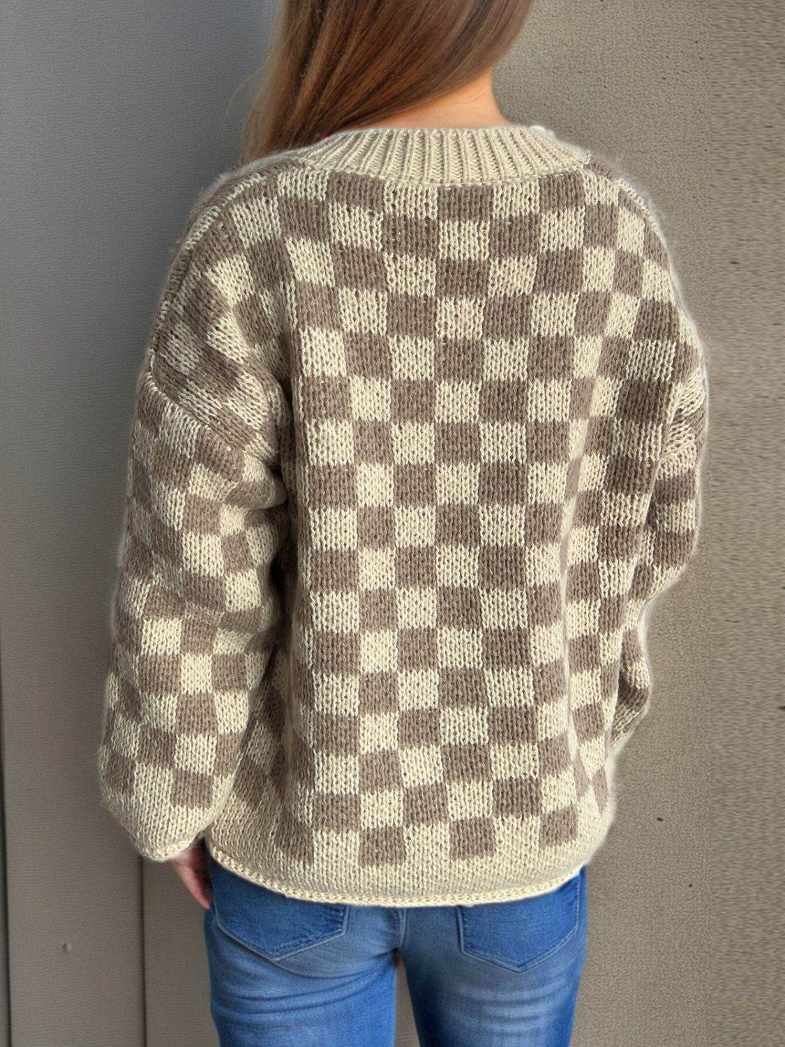 Checkered Button Up Round Neck Cardigan - Delanoir