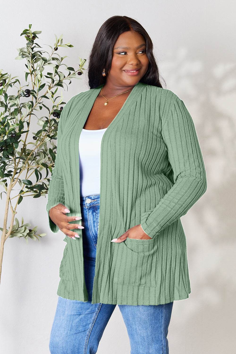 Basic Bae Full Size Ribbed Open Front Cardigan with Pockets - Delanoir