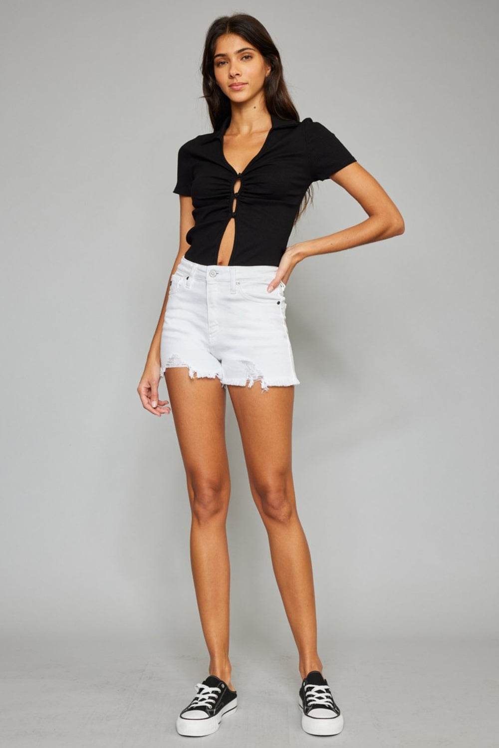 Kancan Full Size High Rise Frayed Hem Denim Shorts - Delanoir