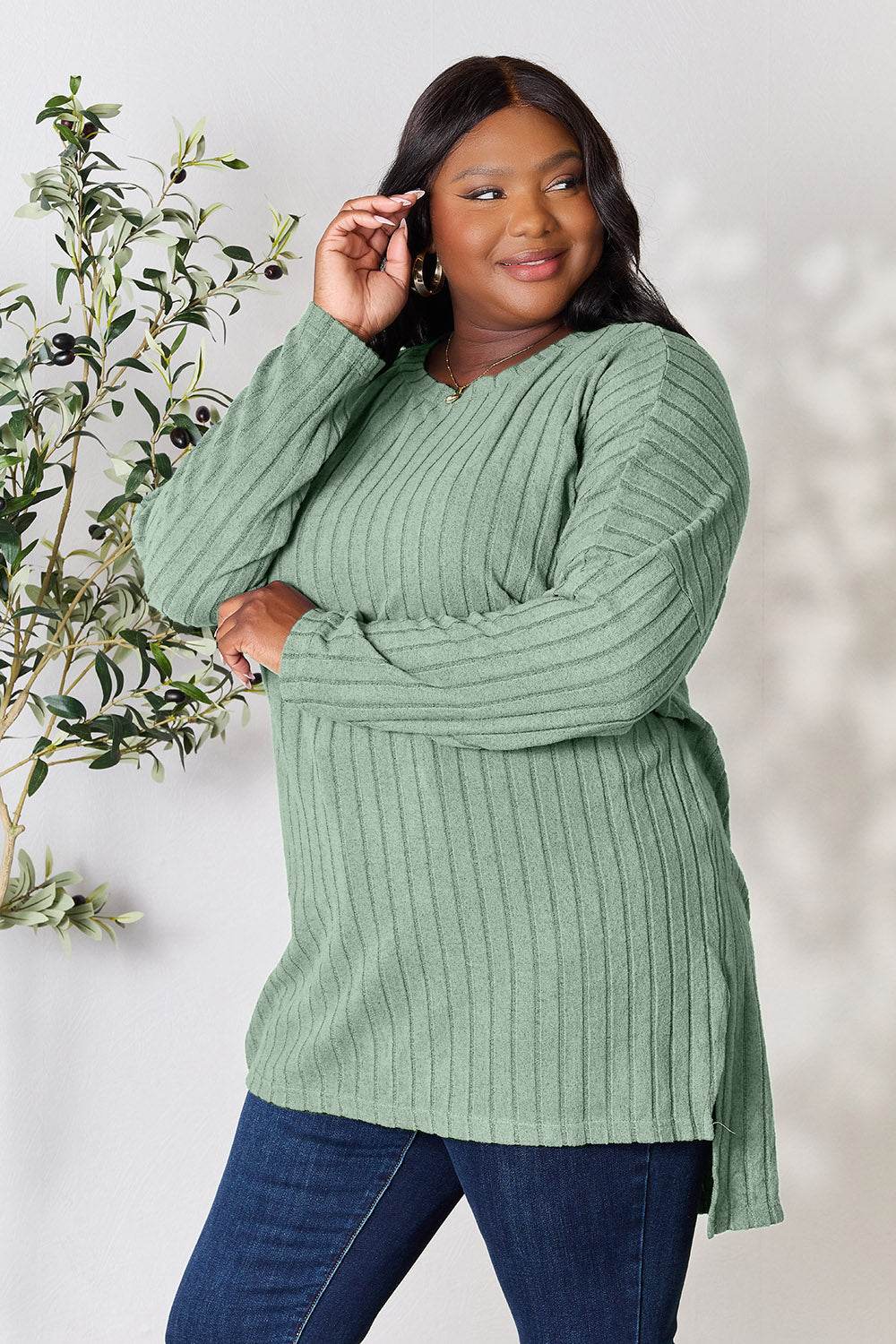 Basic Bae Full Size Ribbed Round Neck Long Sleeve Slit Top - Delanoir