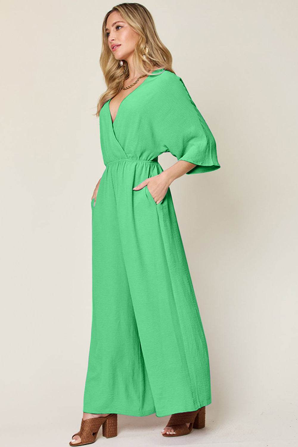 Double Take Full Size Surplice Wide Leg Jumpsuit with Pockets - Delanoir