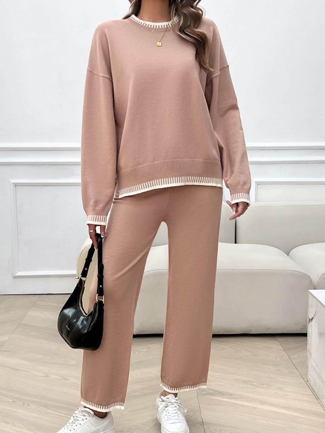 Devine Round Neck Dropped Shoulder Top and Pants Sweater Set - Delanoir