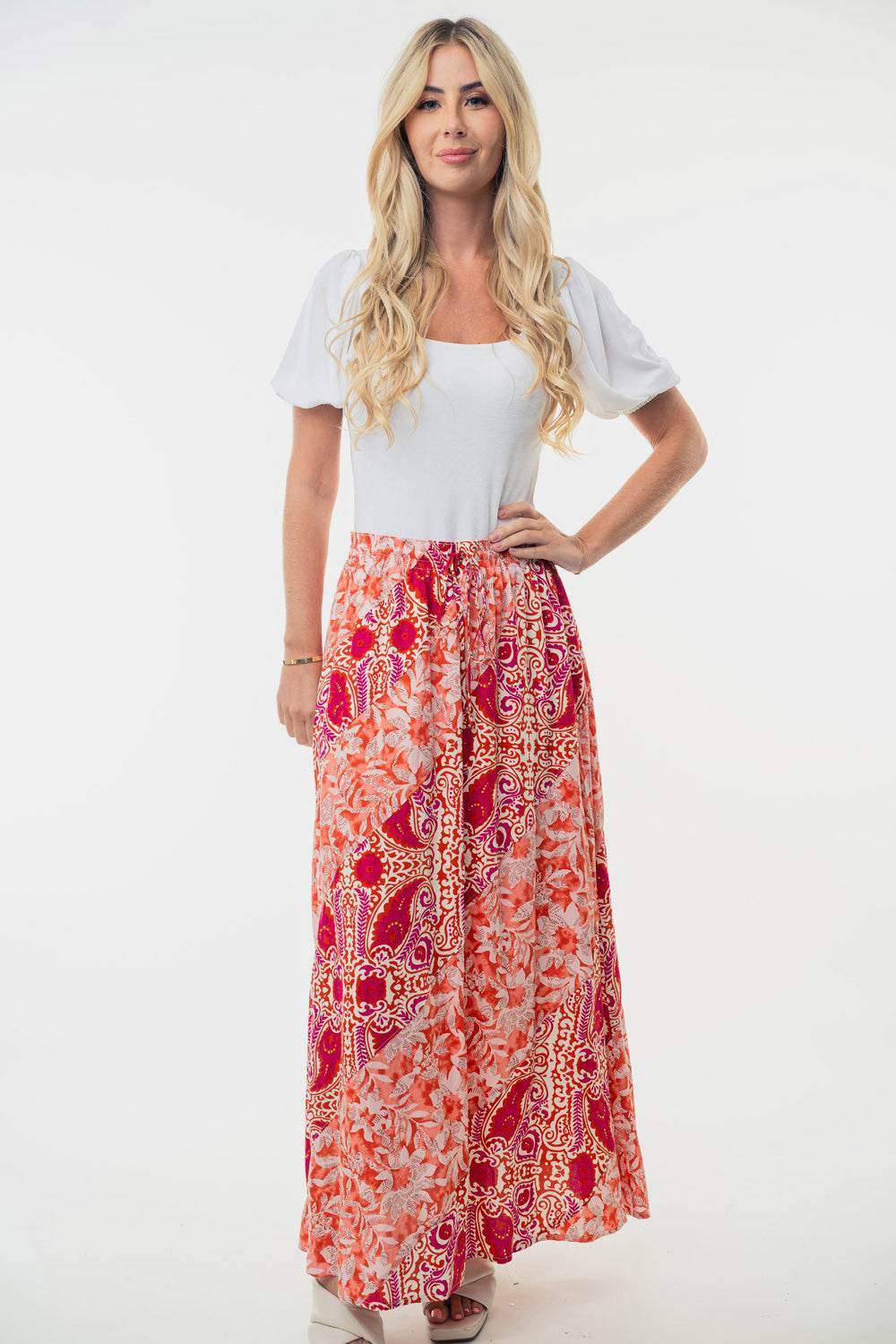 White Birch Full Size High Waisted Floral Woven Skirt - Delanoir