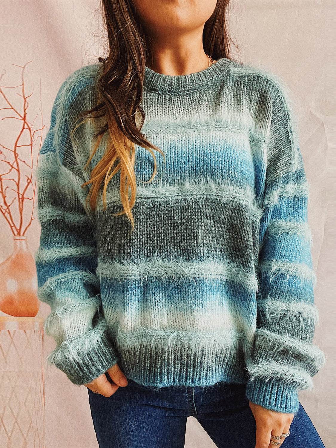 Striped Round Neck Long Sleeve Sweater - Delanoir
