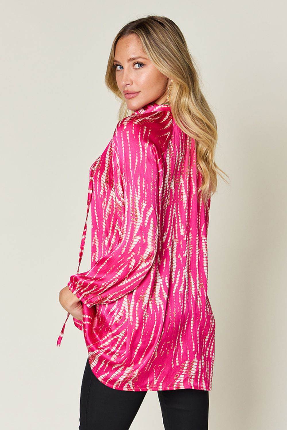 Double Take Full Size Printed Button Up Long Sleeve Shirt - Delanoir