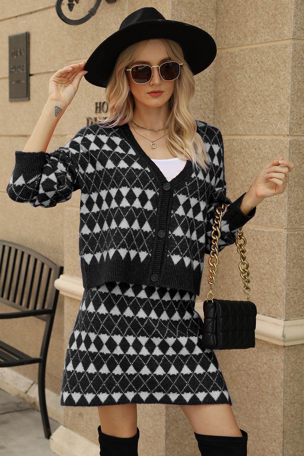 Geometric Button Front Cardigan and Skirt Set - Delanoir