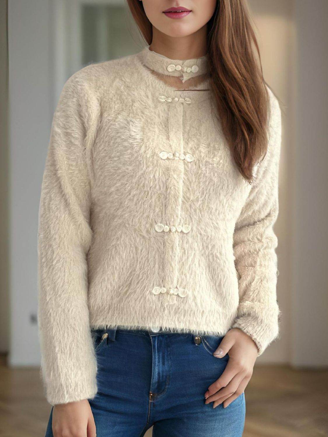 Cutout Knot Button Long Sleeve Cardigan - Delanoir