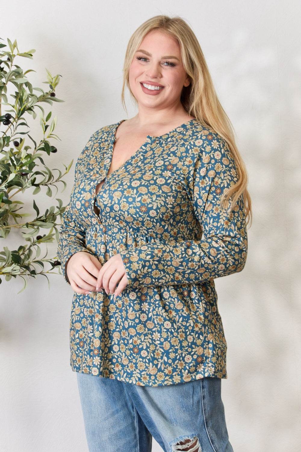 Heimish Full Size Floral Half Button Long Sleeve Blouse - Delanoir