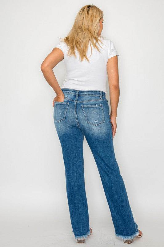 bytos Full Size Raw Hem Distressed Mid Rise Straight Jeans - Delanoir