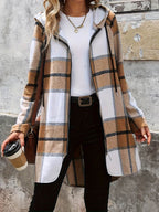 Drawstring Plaid Zip Up Hooded Outerwear - Delanoir
