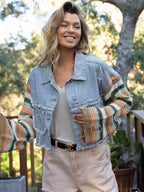 Distressed Striped Long Sleeve Denim Jacket - Delanoir