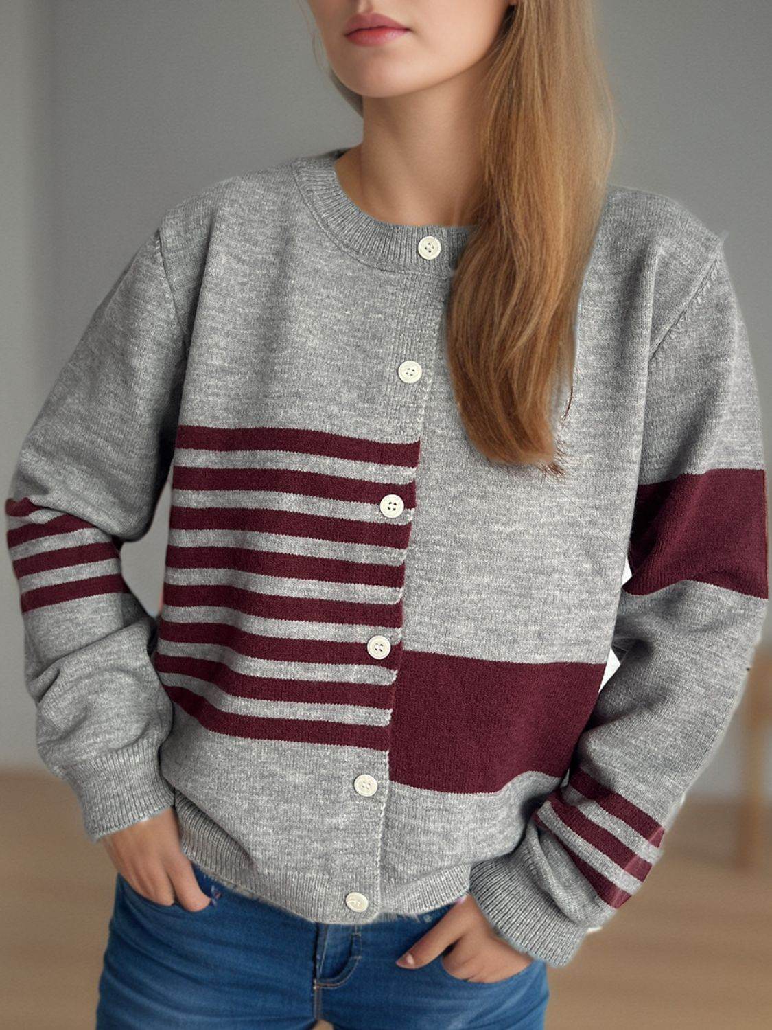 Striped Color Block Round Neck Cardigan - Delanoir