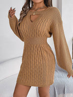 Cable-Knit Cutout Round Neck Slit Sweater Dress - Delanoir