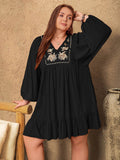 Plus Size Embroidered Tie Neck Long Sleeve Mini Dress - Delanoir