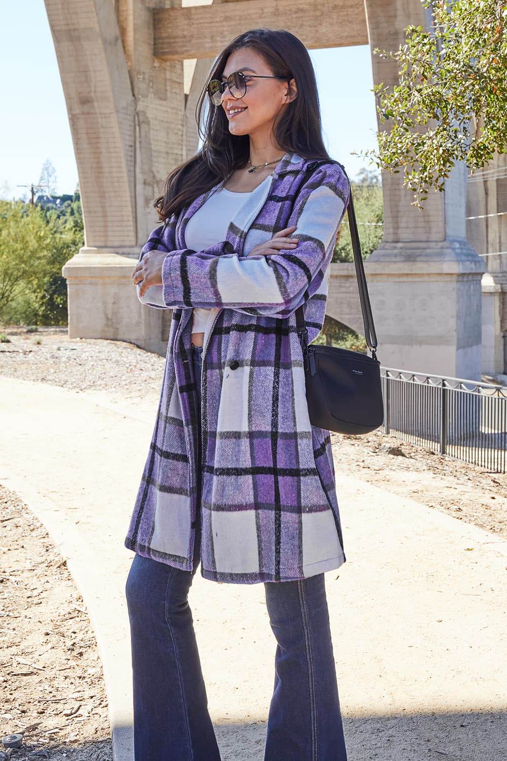 Double Take Full Size Plaid Button Up Lapel Collar Coat - Delanoir