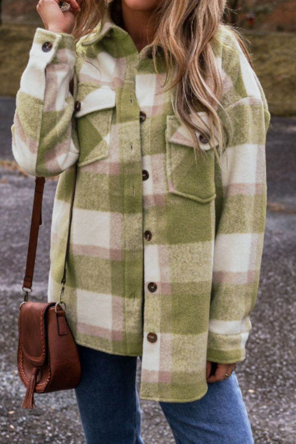 Pocketed Plaid Collared Neck Shacket - Delanoir
