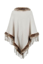 Faux Fur Trim Fringed Poncho - Delanoir
