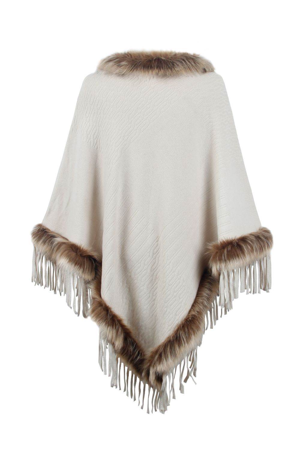Faux Fur Trim Fringed Poncho - Delanoir