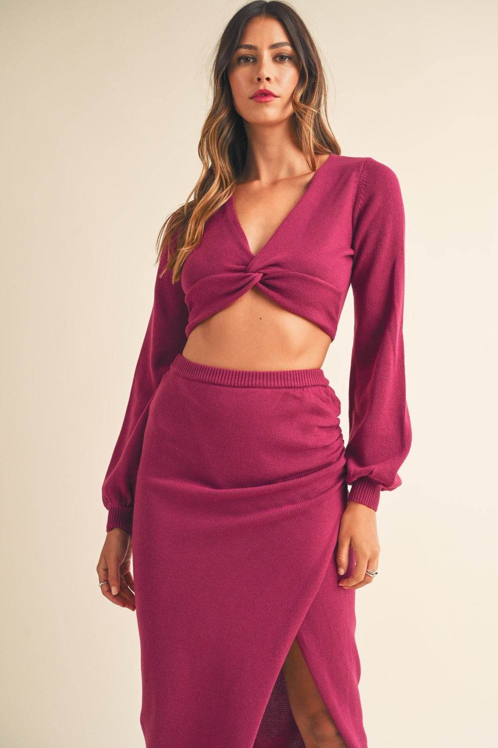 MABLE Front Twisted Knit Top and Midi Skirt Set - Delanoir