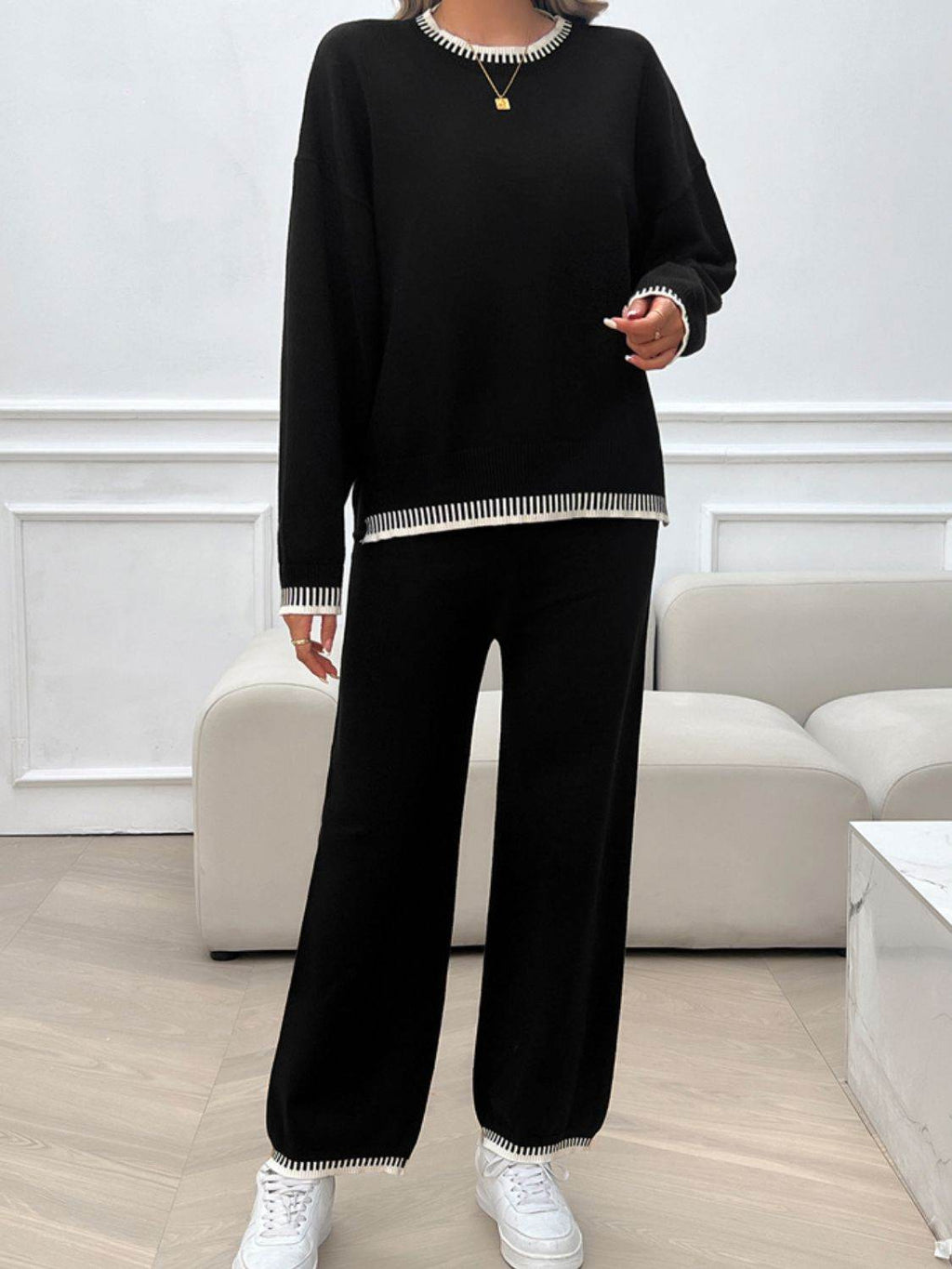 Devine Round Neck Dropped Shoulder Top and Pants Sweater Set - Delanoir