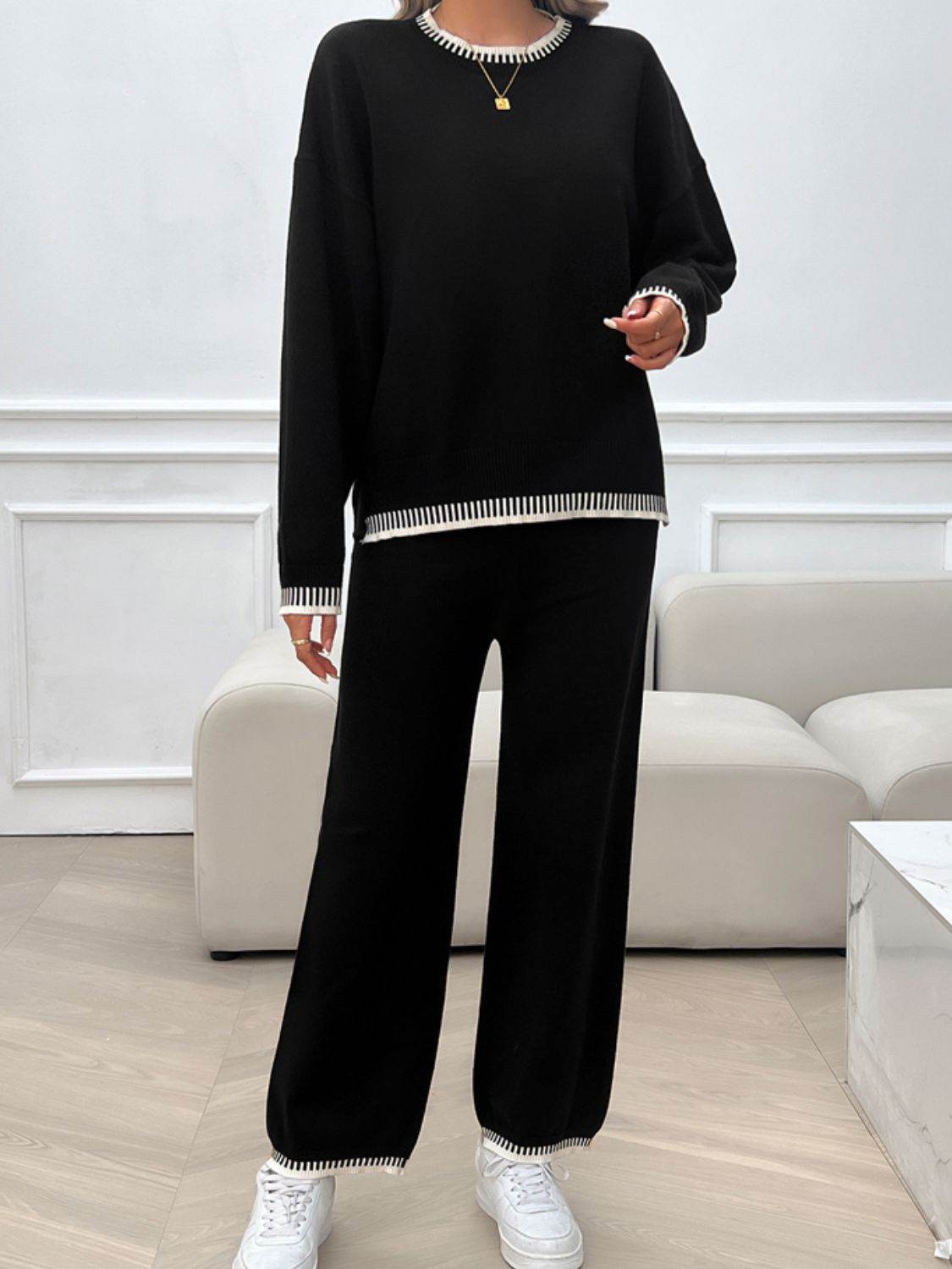 Devine Round Neck Dropped Shoulder Top and Pants Sweater Set - Delanoir