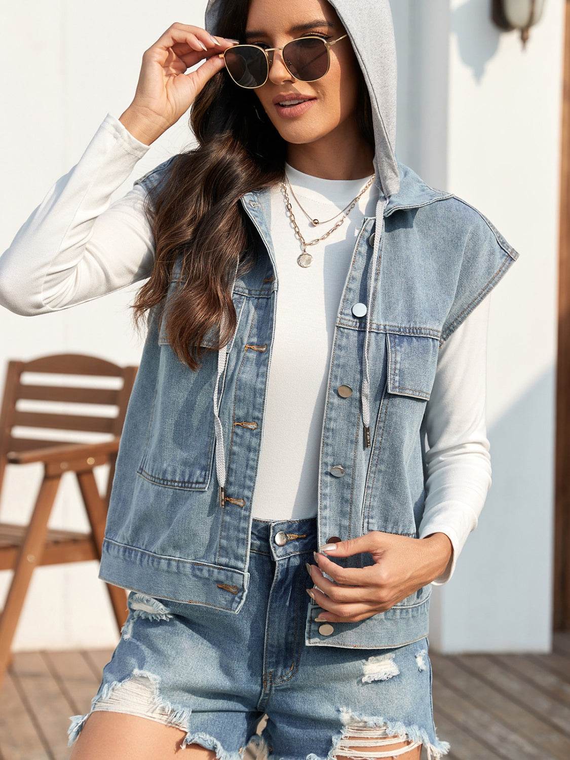 Drawstring Button Up Sleeveless Denim Jacket - Delanoir