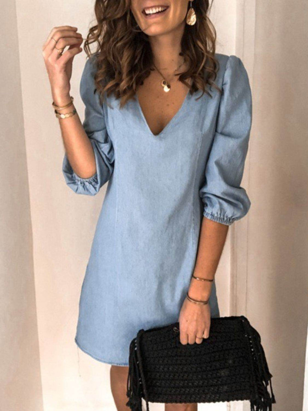 Full Size V-Neck Half Sleeve Dress - Delanoir