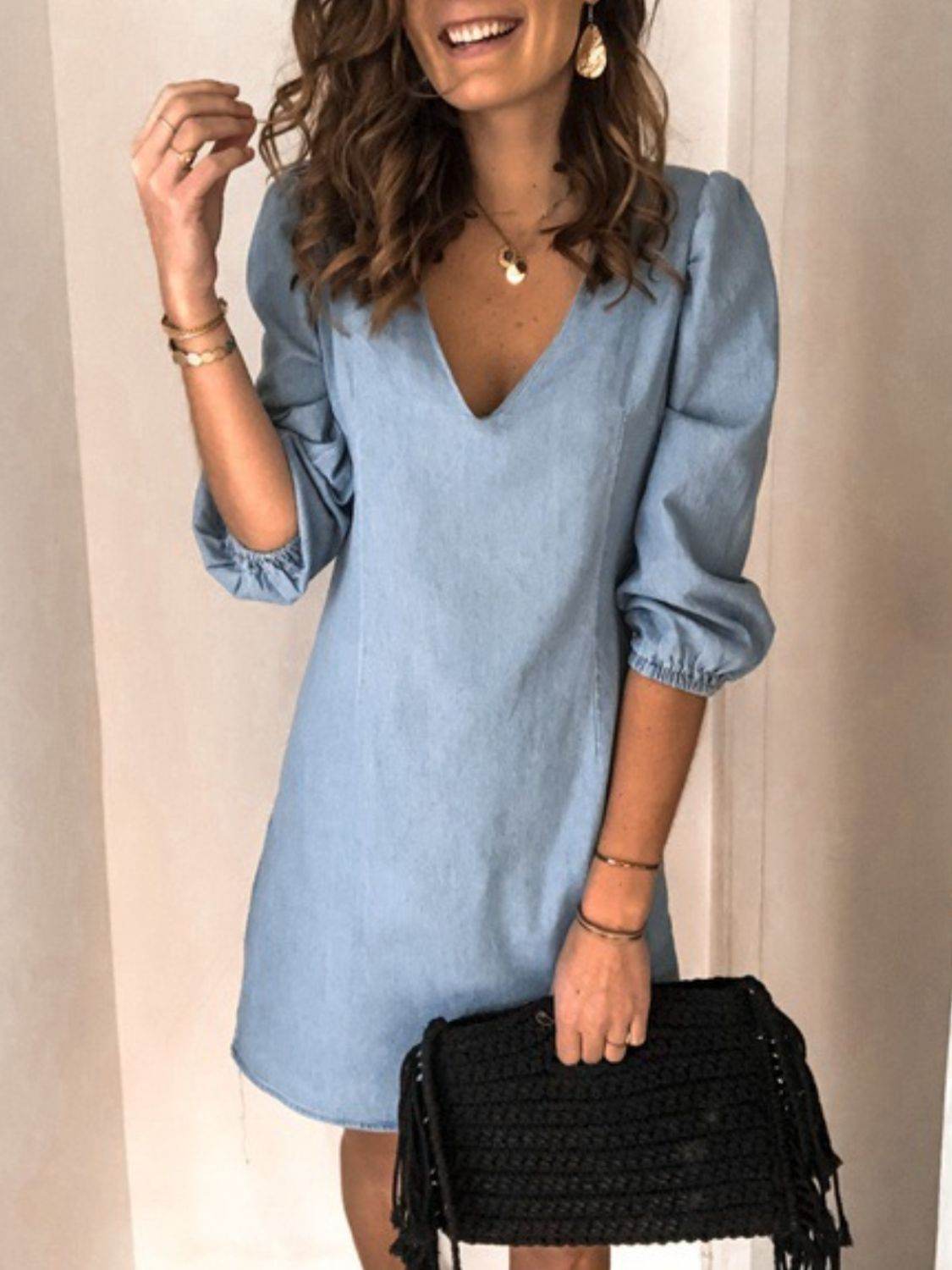 Full Size V-Neck Half Sleeve Dress - Delanoir