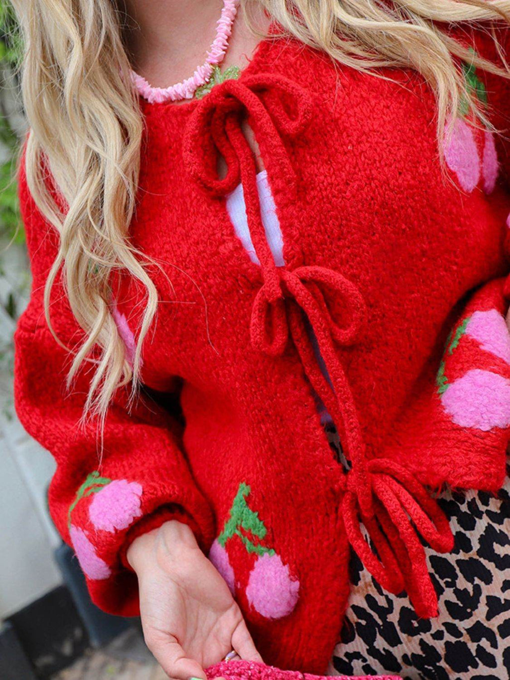 Tied Cherry Round Neck Long Sleeve Cardigan - Delanoir