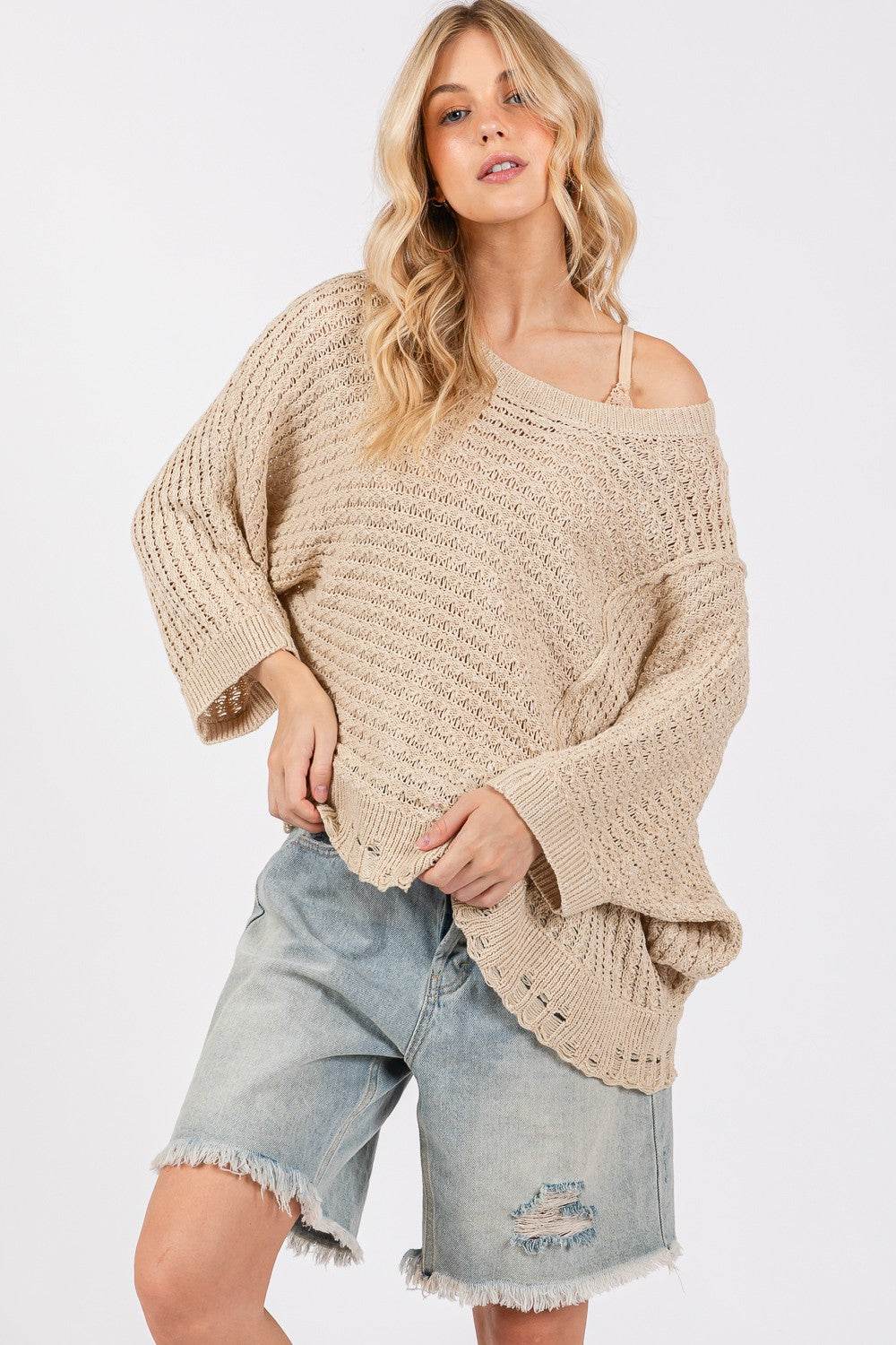 SAGE + FIG Distressed Asymmetrical Open Stitch Sweater - Delanoir