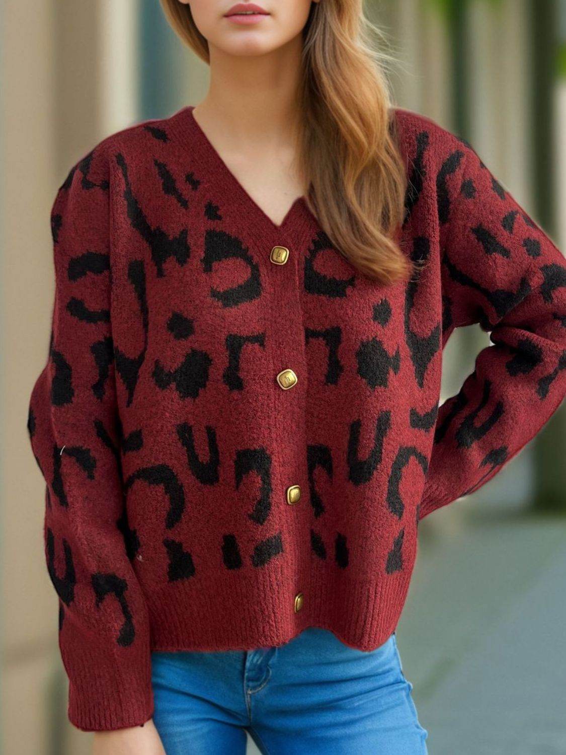 Leopard V-Neck Button Up Cardigan - Delanoir