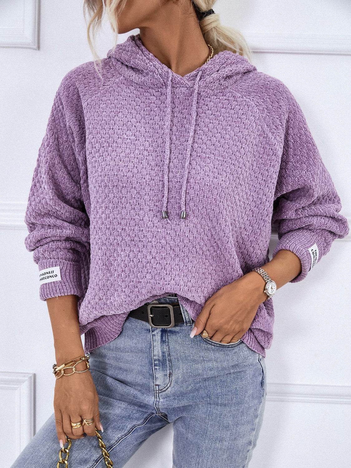 Texture Drawstring Long Sleeve Hooded Sweater - Delanoir